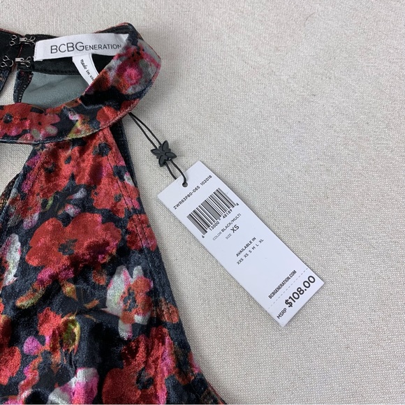 NWT BCBG Floral Velvet Halter Cut Out Midi Dress - Picture 7 of 14